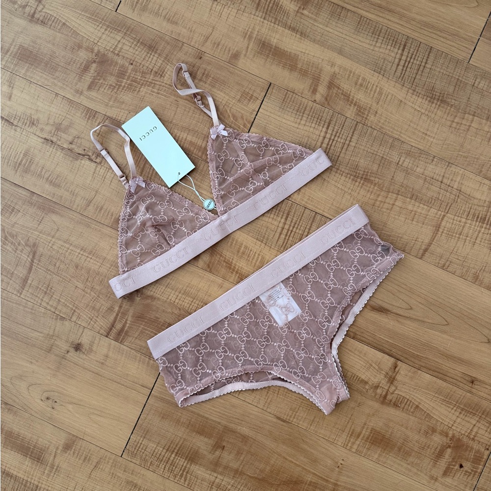 GG Monogram Sheer Nude Embroidered Lace Bralette & Low Rise Brief Set M/L